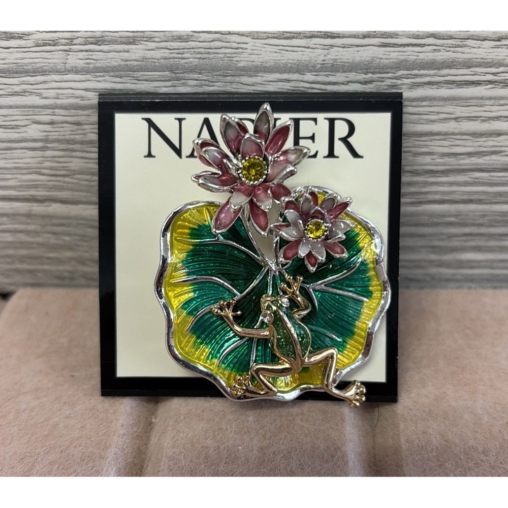 Napier Stamped Frog Lilly Pad Brooch Pin Enamel Silver Tone New (D7)
